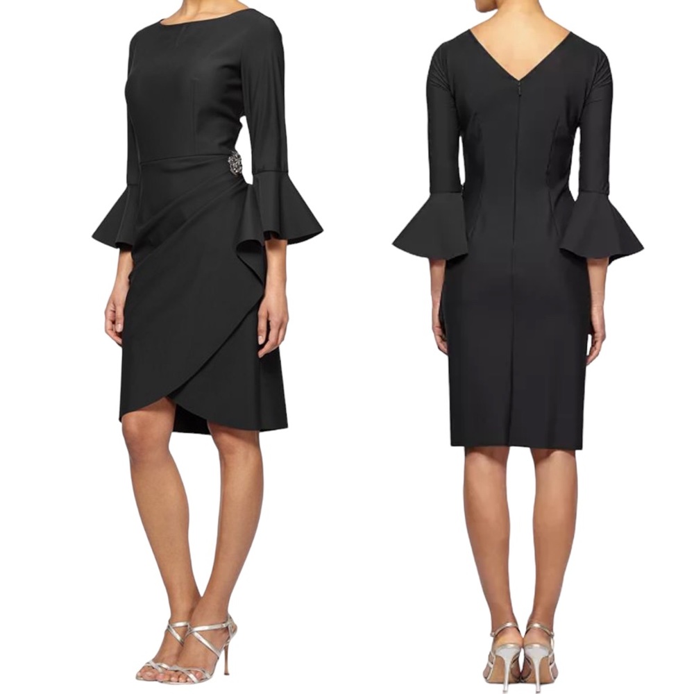 Alex Evenings | Bell Sleeve Draped Compression Sheath Dress Black Size 2